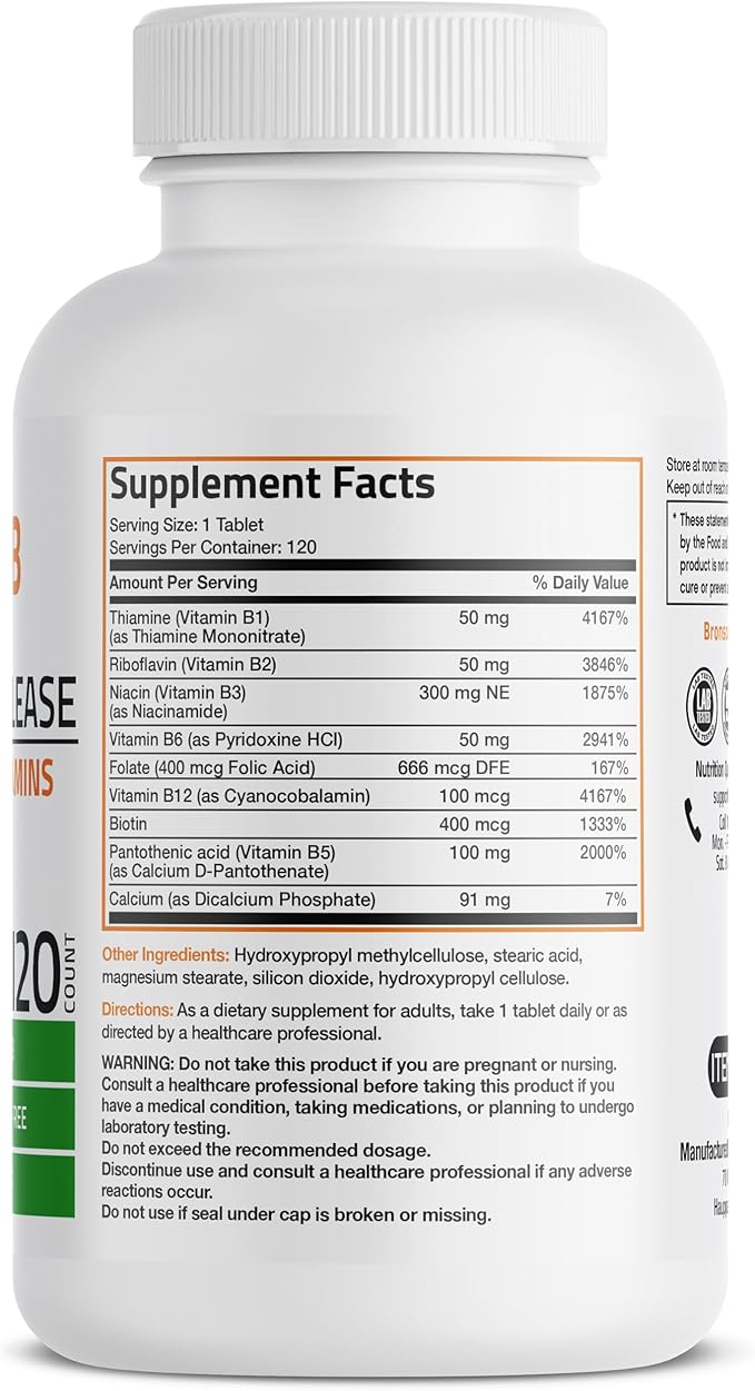 Bronson Super B Vitamin B Complex Sustained Slow Release (Vitamin B1, B2, B3, B6, B9 - Folic Acid, B12) Contains All B Vitamins 120 Tablets