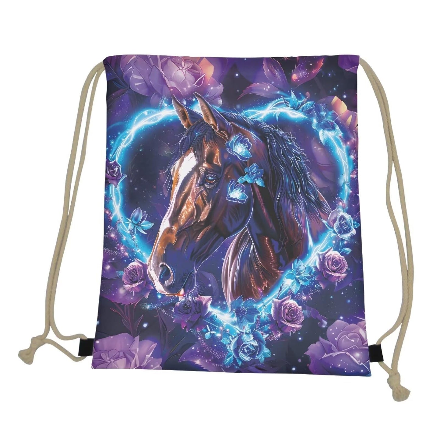 COEQINE Girls Drawstring Backpack Party Horse Rose Floral Book Bag Drawstring Gym Bag Purple Black Neon Animal Pattern School Bag