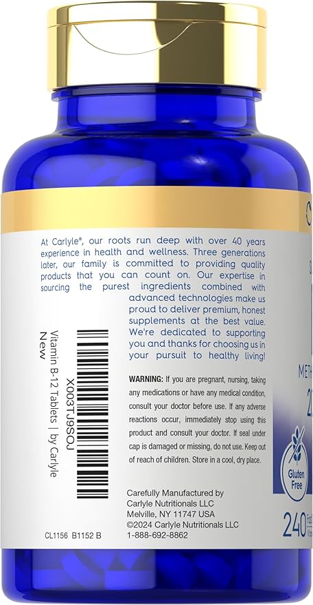 Carlyle B12 Vitamin 2000 mcg | 240 Fast Dissolve Tablets | Sublingual Methylcobalamin | Berry Flavor | Vegetarian, Non-GMO & Gluten Free Supplement