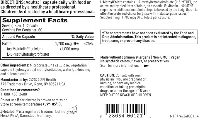 Klaire Labs L-Methylfolate - 1000 mcg Folate Highly Bioavailable, Hypoallergenic 1000 Micrograms (1 Milligram) Metafolin L-5-MTHF (60 Capsules)