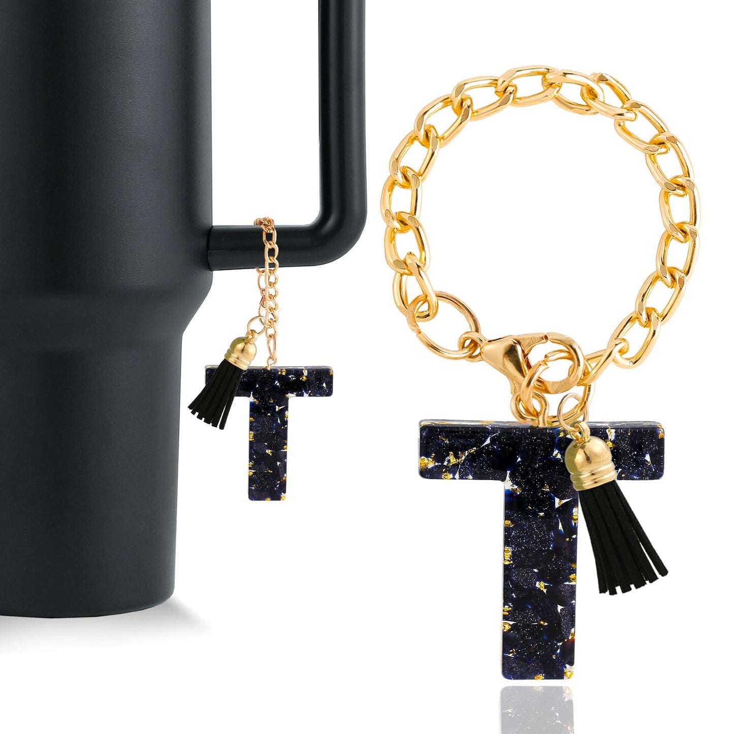 Letter Charm Accessories for Stanley Cup 1 PCS Cute Initial Keychain Handle Charm for Stanley Tumbler for Women Black Letter T