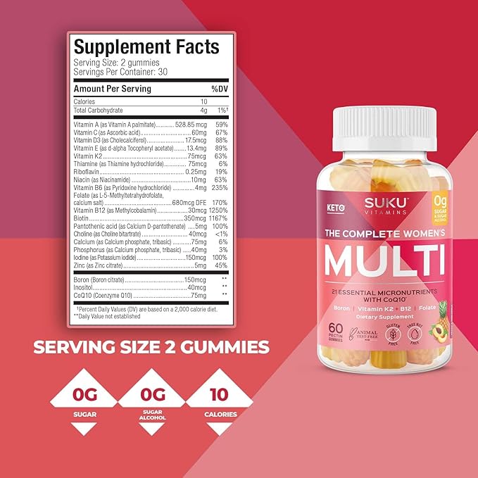 Complete Women's Multi - with Boron, Vitamin K2, B12, A and More for Women Health - Easy to Chew - Non GMO, Gluten Sugar Free - Pineapple & Peach Flavored Gummy Vitamins, 60 Count