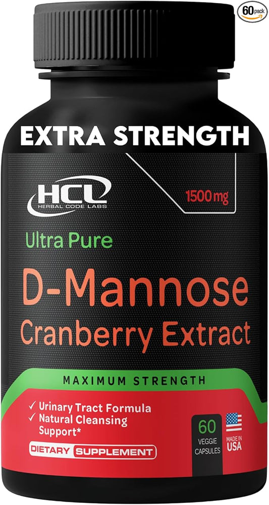 D-Mannose with Cranberry Extract Capsules 1500mg – High Potency USP Grade D-Mannose Supplement with Whole Fruit Cranberry Powder – Urinary Tract Support – Non-GMO 60 Capsules