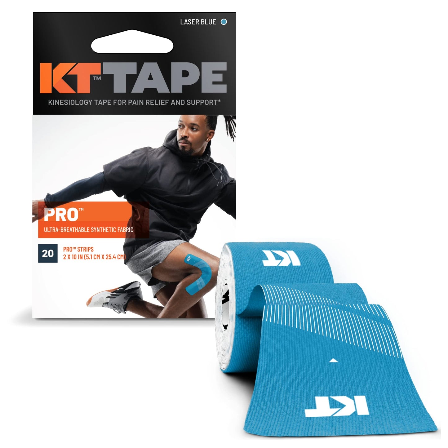 KT Tape, Pro Synthetic Kinesiology Athletic Tape, 20 Count, 10” Precut Strip, Laser Blue
