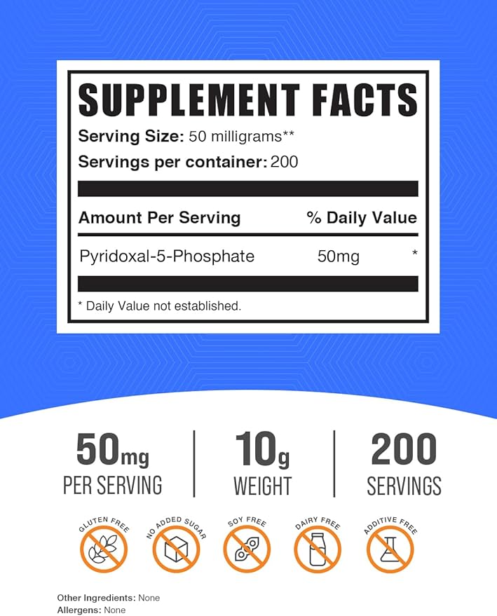 BulkSupplements.com Pyridoxal 5 Phosphate Powder - P-5-P Vitamin B6 Supplement, P-5-P 50mg - P5P Supplement, Gluten Free, 50mg of per Serving, 10g (0.35 oz) (Pack of 1)