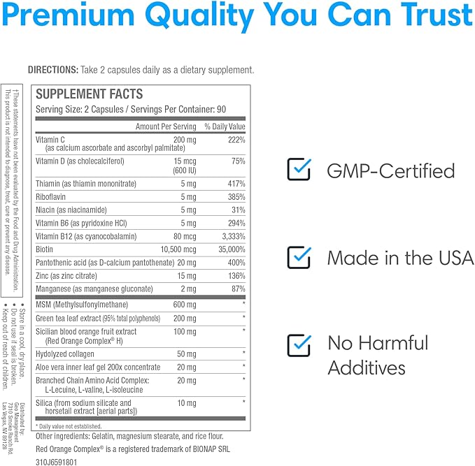 Consult Health Beaute Caps PRO - Supports Healthy Hair, Skin and Nails - 10,500 mcg Biotin for Hair Vitamin B7 - Red Orange Complex - MSM - Collagen - Anti-Aging Supplement for Women & Men - 180 Count