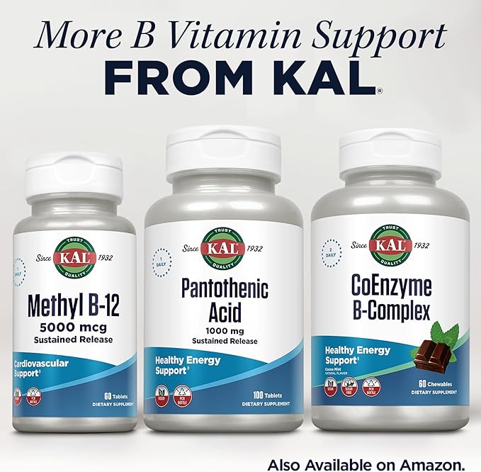 KAL Pantothenic Acid 1000mg, Sustained Release Vitamin B5 - Energy Supplements - Supports Metabolism of Carbs, Fat and Protein, Hair and Skin Health, Vegan, 60-Day Guarantee, 100 Servings, 100 Tablets