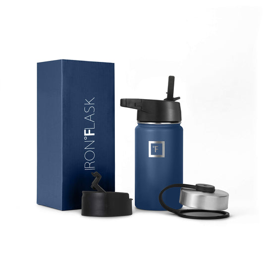 IRON °FLASK Camping & Hiking Hydration Flask, Wide Mouth, 3 Straw Lids, Stainless Steel Outdoor Water Bottle, Double Walled, Insulated Thermos, Metal Canteen - Twilight Blue, 14 Oz