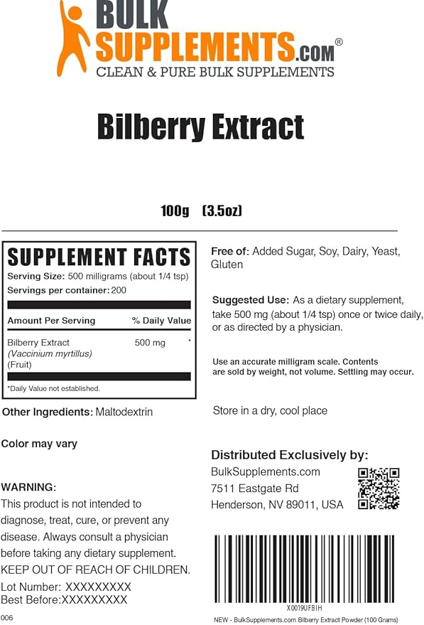 BulkSupplements.com Bilberry Extract Powder - Bilberry Fruit Extract, Bilberry Powder, Bilberry Supplement for Eyes - Glulten Free, 500mg per Serving, 100g (3.5 oz) (Pack of 1)