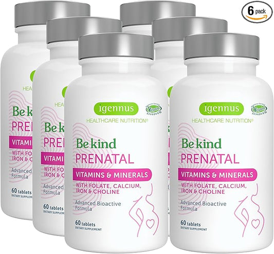 Igennus Methylated Prenatal Multivitamin for Women, Folate for MTHFR, High Absorption, Clean Label, Gentle Iron, Choline, Calcium & Magnesium, Vegan Pregnancy Vitamins, Halal, Non-GMO, 60 Tablets x6