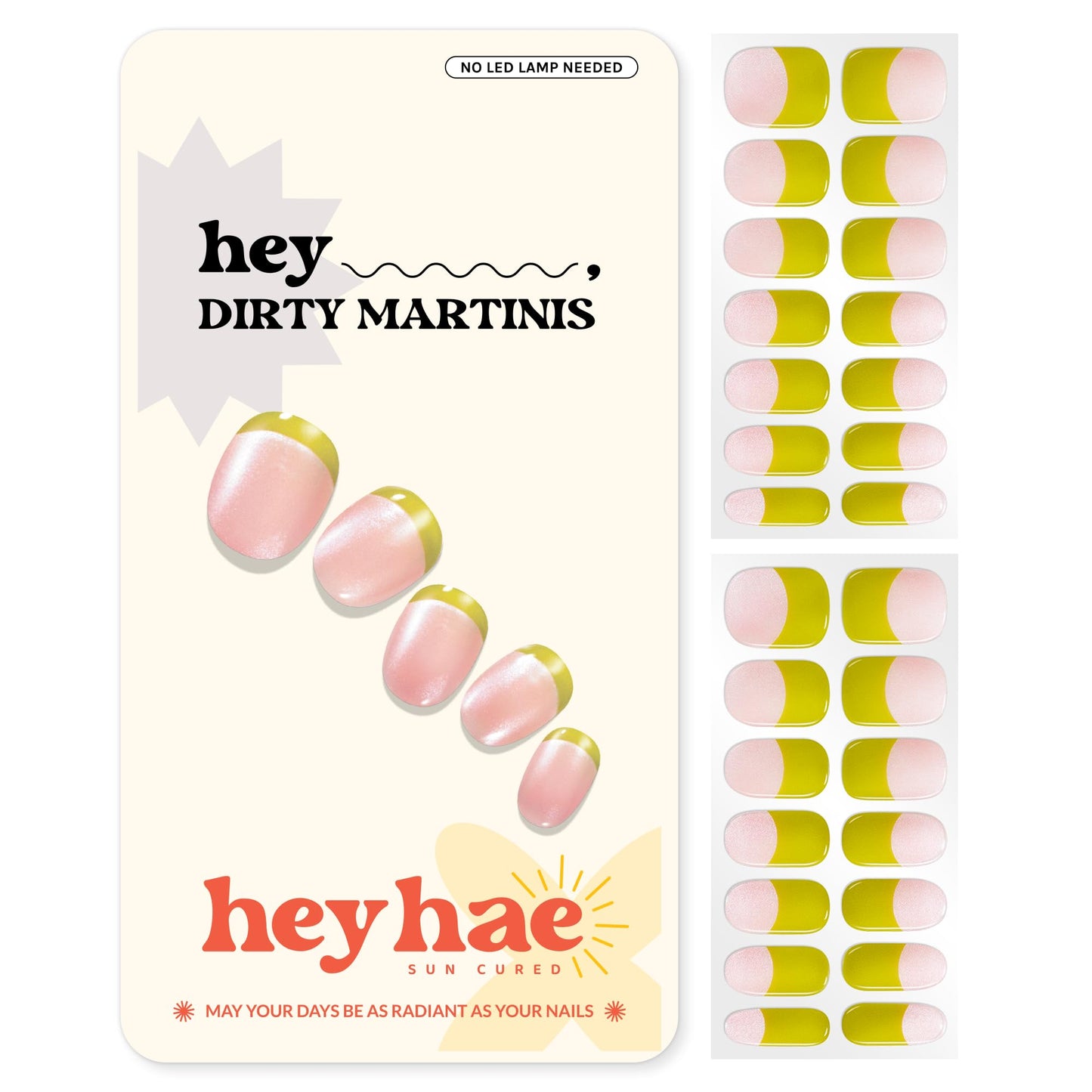 Heyhae Semi Cured Gel Nail Strips | No LED Lamp Needed | French, Green, Spring | Easy Apply & Remove, Salon Quality | Includes 28 Strips, 1 Prep Pads, Nail File & Wooden Stick - Hey, Dirty Martinis