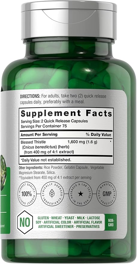 Horbaach Blessed Thistle Capsules 1600 mg | 150 Count | Max Potency | Non-GMO, Gluten Free Herb Supplement