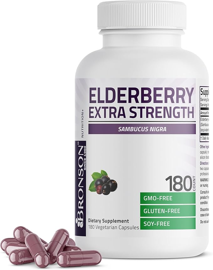Bronson Elderberry Extra Strength, Supports Healthy Immune System & Antioxidant Protection, Non GMO, 180 Vegetarian Capsules