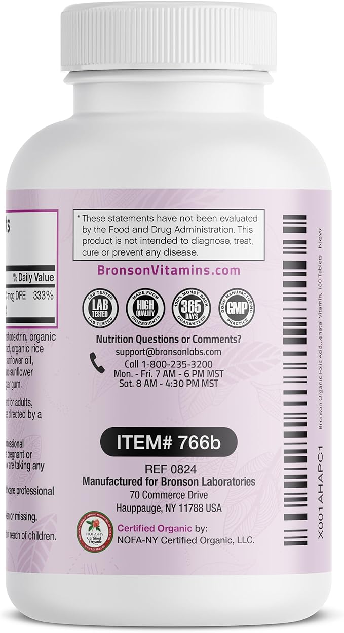 Bronson Organic Folic Acid (Vitamin B9 Folate) 800 mcg Natural Folate from Lemon Peel, 180 Tablets