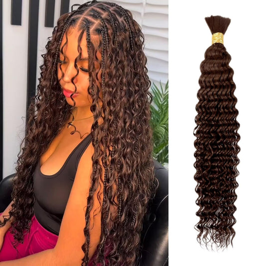 Chocolate Brown Braiding Hair 1 Bundle 50g 16 Inch Deep Water Wave Bulk Human Hair for Braiding Brazilian Virgin Curly Human Hair Extensions for Boho Braids Wet and Wavy Color 4 Human Braiding Hair