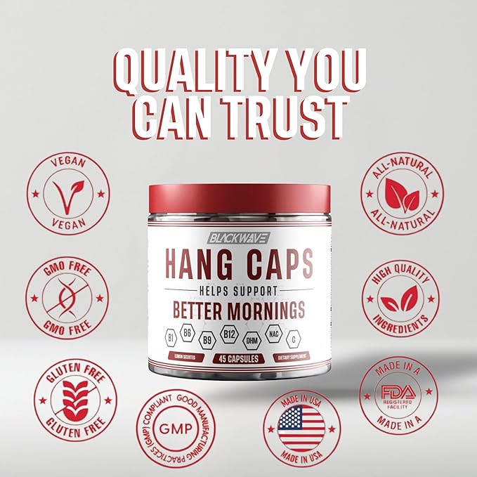 Hang Caps - Recovery Capsules After Drinking Aid - DHM (Dihydromyricetin) Morning Recovery Supplement - Hangover Relief with Ginger, Milk Thistle and B Vitamins - 45 Liver Aid Capsules