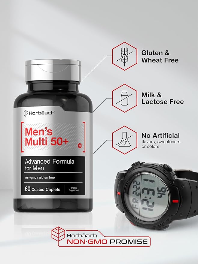 Horbäach Mens Multivitamins 50 Plus | 60 Caplets | with Calcium, Magnesium, Vitamin A, B, C, D & E | 50+ Advanced Formula | Non-GMO & Gluten Free Supplement