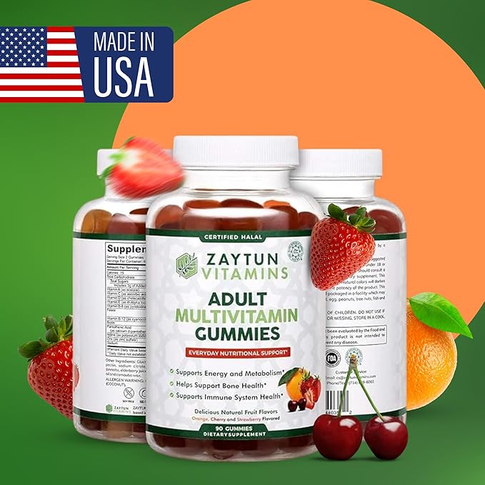 Halal Adult Multivitamin Gummies for Men, Women, Complete Everyday Nutritional Support with Biotin, Vegan, Natural Fruit Flavors, Non-GMO, Made in USA - Halal Vitamins