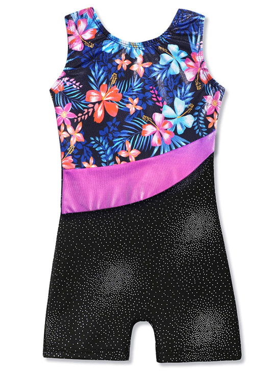 Leotards for Toddler Girls Gymnastics with Shorts Biktard 2t 3t Sparkle Flowers Pattern Sleeveless Biketards Hotpink Black (Floral, 2-3T)