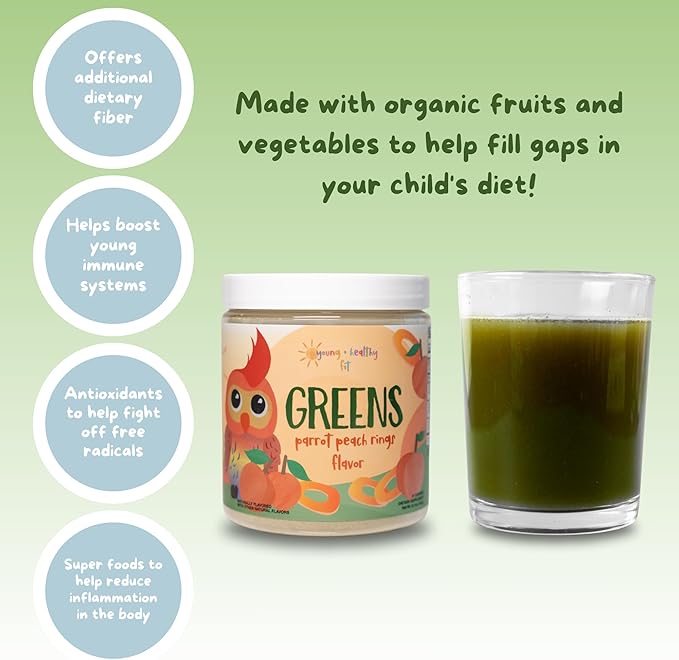 Kids Greens Powder, 30 Servings, Parrot Peach Ring, Superfood Drink Mix with Fiber for Digestive Health, Organic Fruits & Vegetables, Antioxidants, Real Food Ingredients, Ages 2+