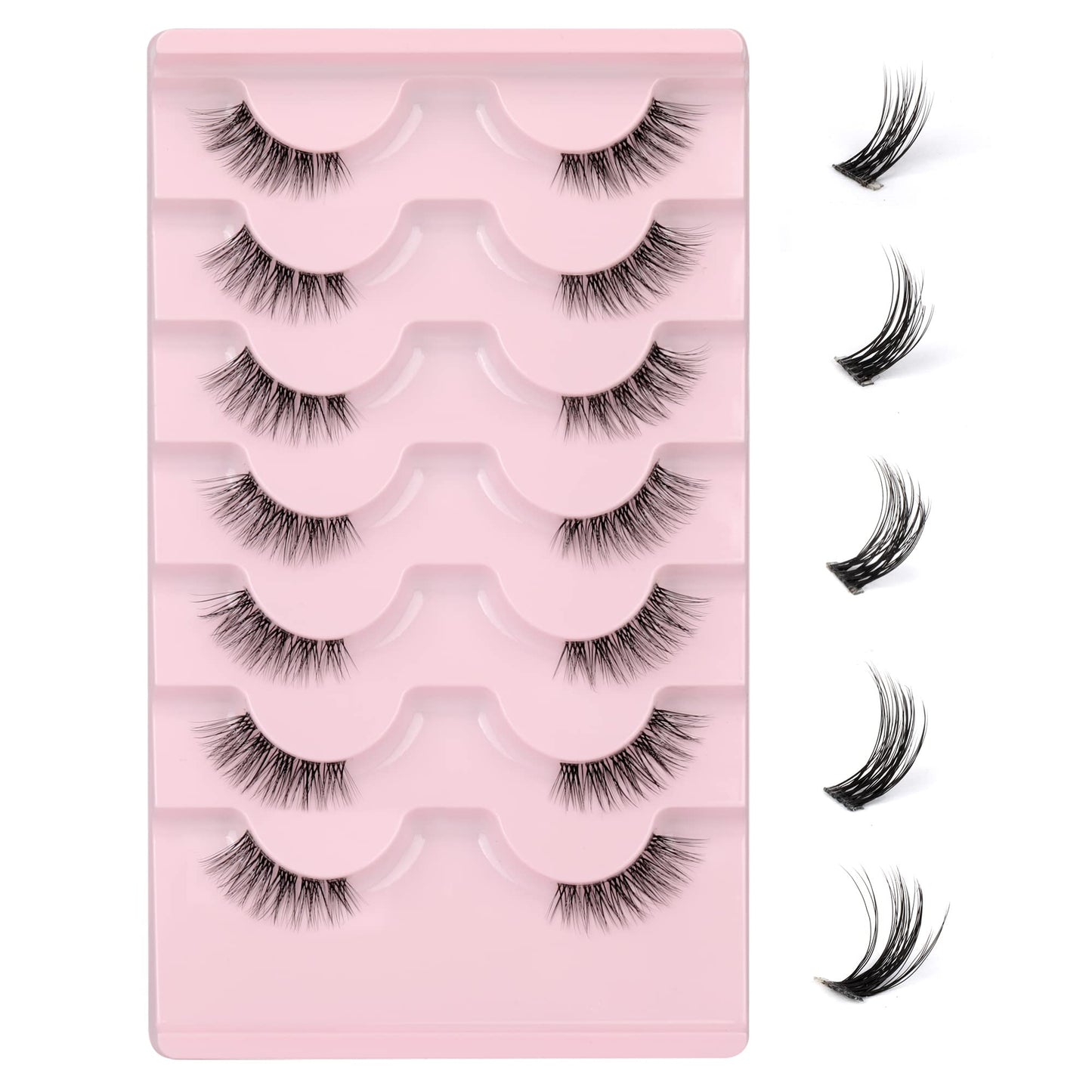 JIMIRE Half Lashes with Clear Band Cat-Eye Lashes Fluffy Wispy Accent False Eyelashes Natural Look Handmade Soft DIY Cluster Lashes Pack 7 Pairs