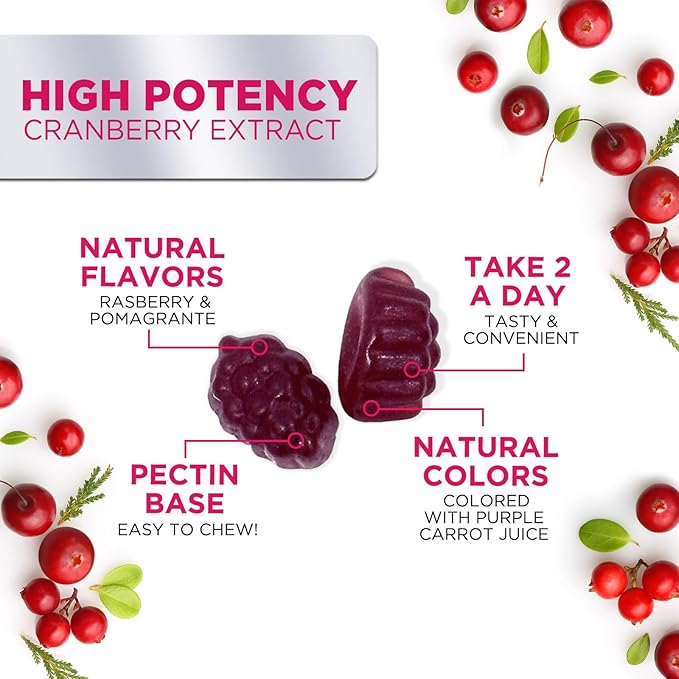 Cranberry Supplement Gummies + Vitamin C - Made with 25,000mg 50:1 Cranberry Extract to Help Cleanse and Protect The Urinary Tract, Nature's Chewable Cranberry Pills for Women, Non-GMO - 60 Gummies