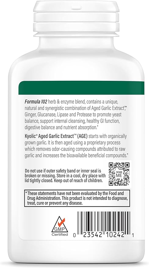 Kyolic Aged Garlic Extract Formula 102, Ginger and Glucanase Enzyme Complex, 200 Vegetarian Capsules