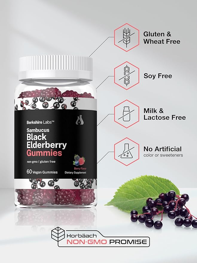 Horbaach Sambucus Black Elderberry Gummies | 60 Count | with Zinc and Vitamin C | Vegan, Non-GMO, Gluten Free Extract for Adults | Berry Flavor | by Berkshire Labs