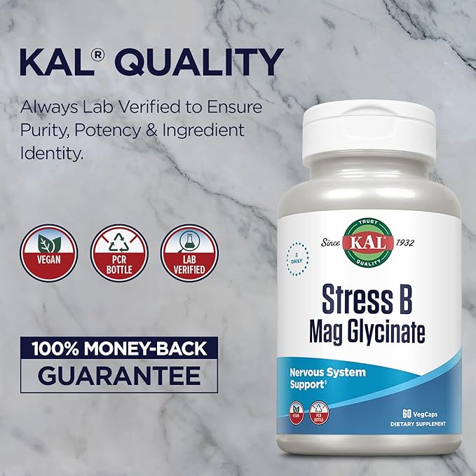 KAL Stress B Mag Glycinate, B Complex Vitamins Plus Magnesium, Active Forms Coenzyme Vitamin B-6, Methylcobalamin, and Folate from 5-MTHF, Healthy Mood & Relaxation Support, 30 Servings, 60 VegCaps