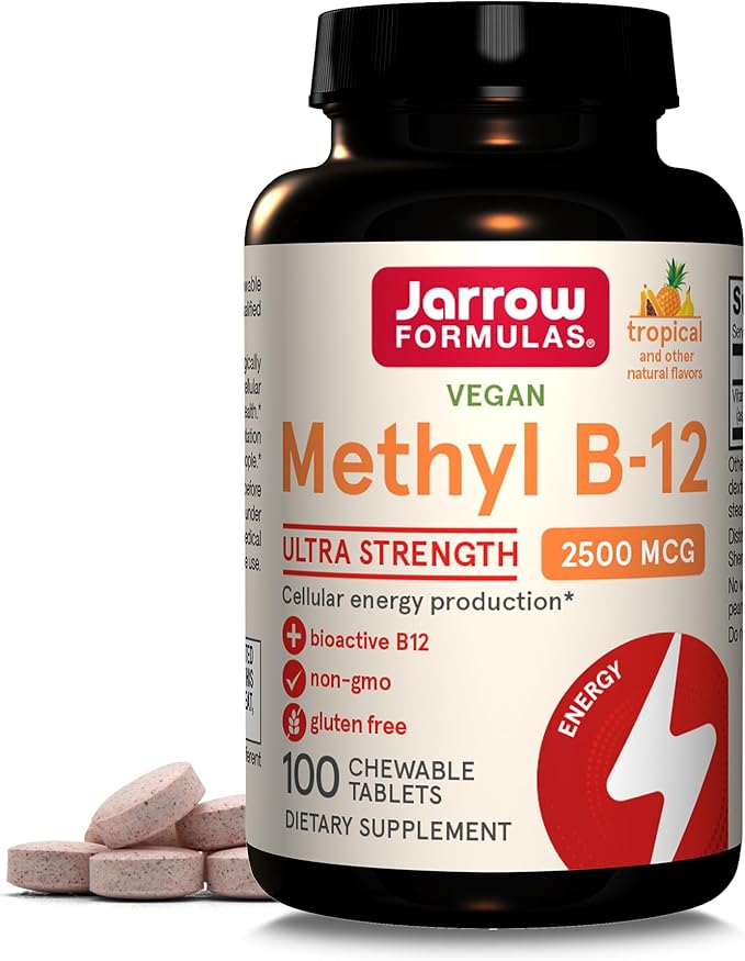 Jarrow Formulas Ultra Strength Methyl B-12, Dietary Supplement for Cellular Energy Production, 100 Tropical-Flavored Chewable Tablets, Up to a 100 Day Supply