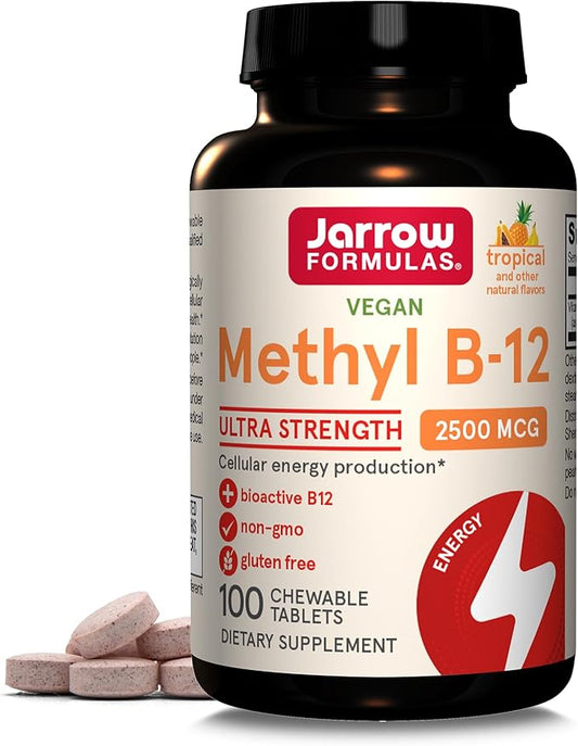 Jarrow Formulas Ultra Strength Methyl B-12, Dietary Supplement for Cellular Energy Production, 100 Tropical-Flavored Chewable Tablets, Up to a 100 Day Supply