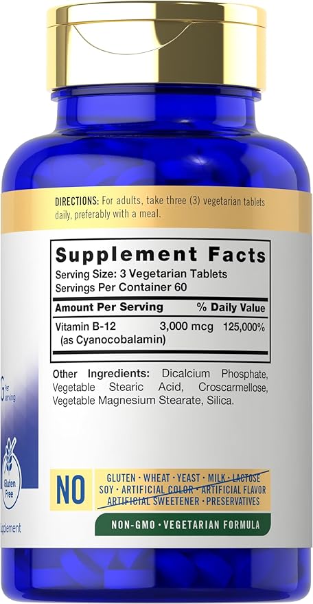 Carlyle B12 Vitamin 3000 mcg | 180 Tablets | Vegetarian Supplement | Non-GMO & Gluten Free