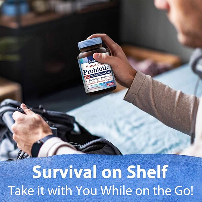 Bonawell Probiotics 120 Billion CFU 32 Strains with Prebiotics, Digestive Enzymes for Gut Health, 3-in-1 Daily Probiotic, Shelf-Stable, Delayed-Release, 30 Veggie Caps