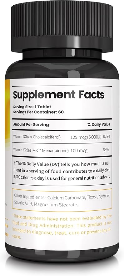 D3+K2 - Vitamin D3 and K2 Supplement for Bone and Heart Health - 60 Tablets