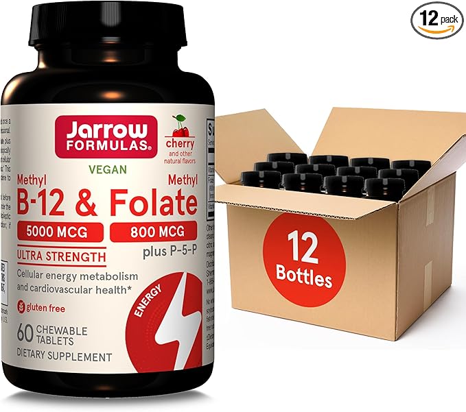 Jarrow Formulas Ultra Strength Methyl B-12 5000 mcg & Methyl Folate 800 mcg + P-5-P, Supplement for Cellular Energy Metabolism and Cardiovascular Support, 60 Chewable Tablets, 60 Day Supply, 12 Packs