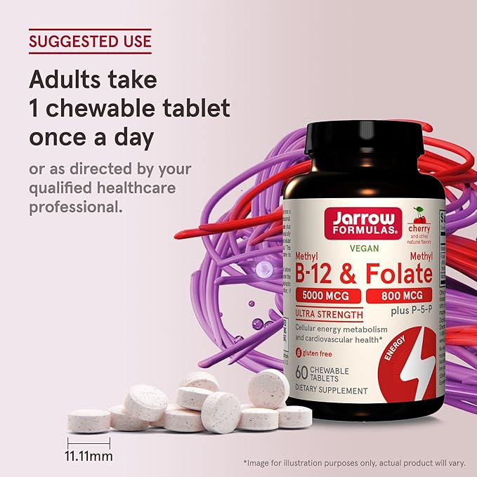 Jarrow Formulas Ultra Strength Methyl B-12 5000 mcg & Methyl Folate 800 mcg + P-5-P, Supplement for Cellular Energy Metabolism and Cardiovascular Support, 60 Chewable Tablets, 60 Day Supply, 12 Packs