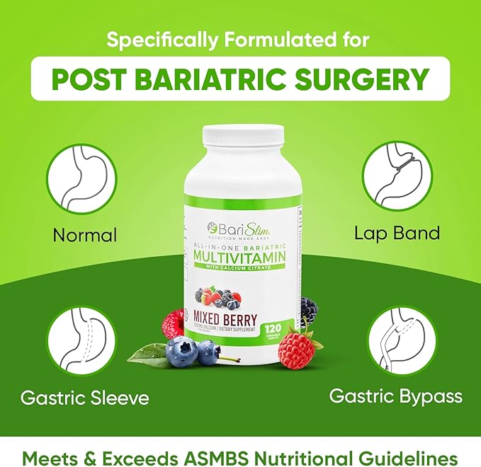 BariSlim All-in-One Bariatric Chewable Multivitamin Tablets w/Calcium Citrate - Bariatric Vitamin for Post Bariatric Surgery Including Gastric Bypass & Gastric Sleeve | Mixed Berry (120 Count)