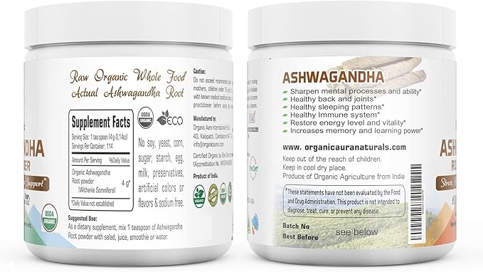 Certified Organic Ashwagandha Root Powder 8Oz -1/2Lb. Enhances Overall Health. 100% Pure Natural Herbal Supplement. No GMO. Gluten Free. Raw, Fresh and Original Withania somnifera.