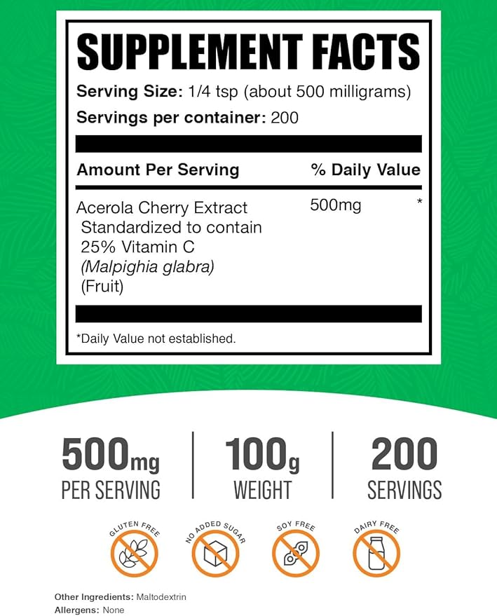BulkSupplements.com Acerola Cherry Extract Powder - Natural Vitamin C Supplement, Acerola Cherry Powder - Vegan & Gluten Free, 500mg per Serving, 100g (3.5 oz) (Pack of 1)