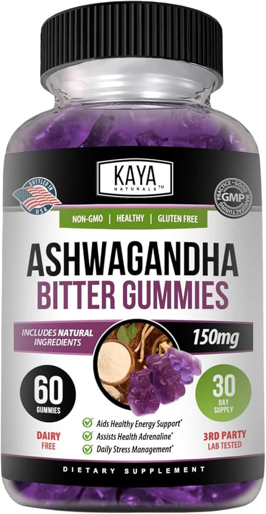 Kaya Naturals Ashwagandha Bitter Gummies - Natural Stress Relief, Boost Energy & Mental Clarity, Non-GMO, Gluten-Free, Chewable Gummies - 60 Count