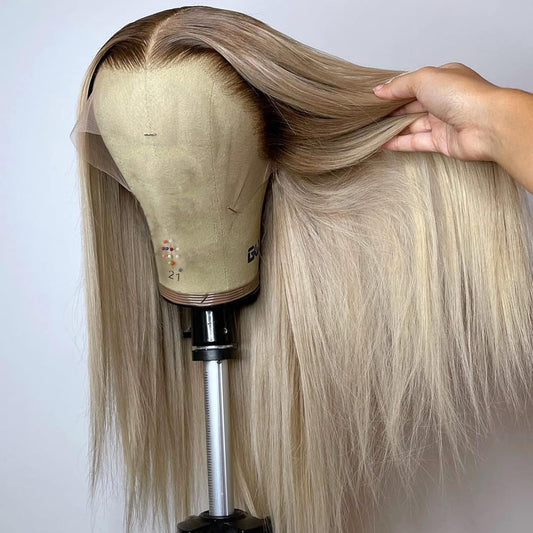Ash Blonde Wig Human Hair 13x4 Transparent Lace Front Wigs Human Hair 200% Density Ash Blonde Straight Lace Front Wigs for Black Women Pre Plucked Dark Brown Roots Platinum HD Lace Frontal Wig 22 Inch