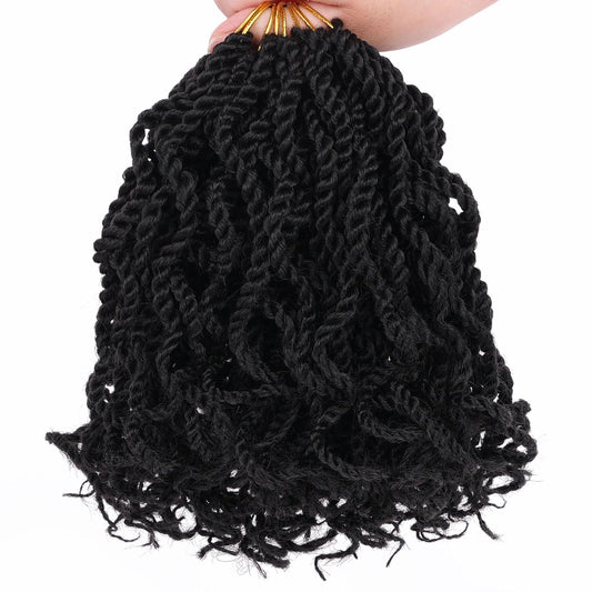 Leeven 6 Inch Senegalese Twist Crochet Hair with Curly Ends, 8 Packs Black Pre Looped 2 Strand Short Twist Hair, Wavy Small Hanava Twist, Synthetic Crochet Braids for Women Girl Kids
