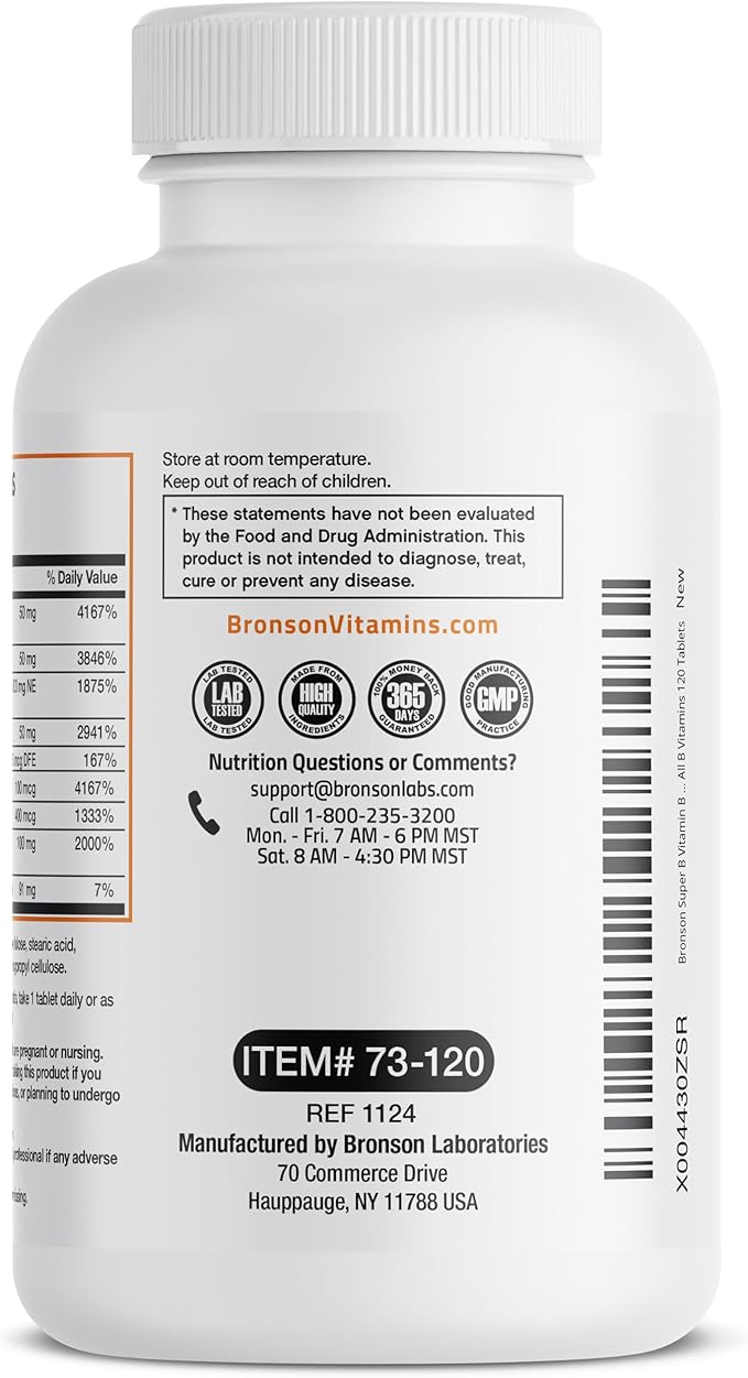 Bronson Super B Vitamin B Complex Sustained Slow Release (Vitamin B1, B2, B3, B6, B9 - Folic Acid, B12) Contains All B Vitamins 120 Tablets