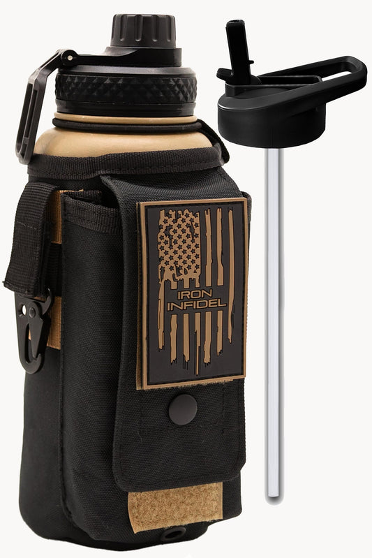 Iron Infidel Battle Bottle - 32 Oz Insulated Water Bottle with Straw Lid & Chug Cap, Stainless Steel Metal Flask Includes Rugged, Removable Sleeve for Keys, Wallet, & Phone (Brown Recluse 1 Liter)