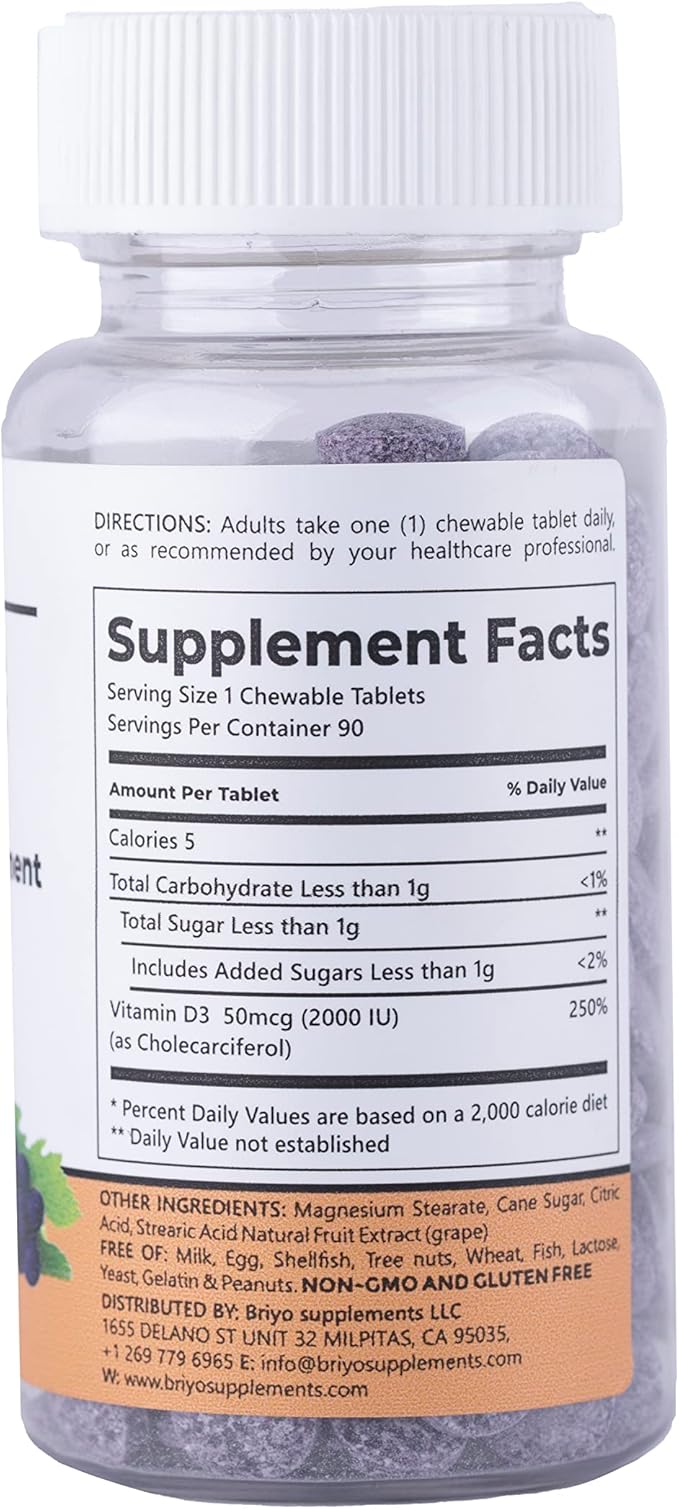 Briyo Vitamin d3 chewable Tablet - 2000 IU (50 mcg Per Serving) - Delicious Natural Grape Flavor, 90 Count