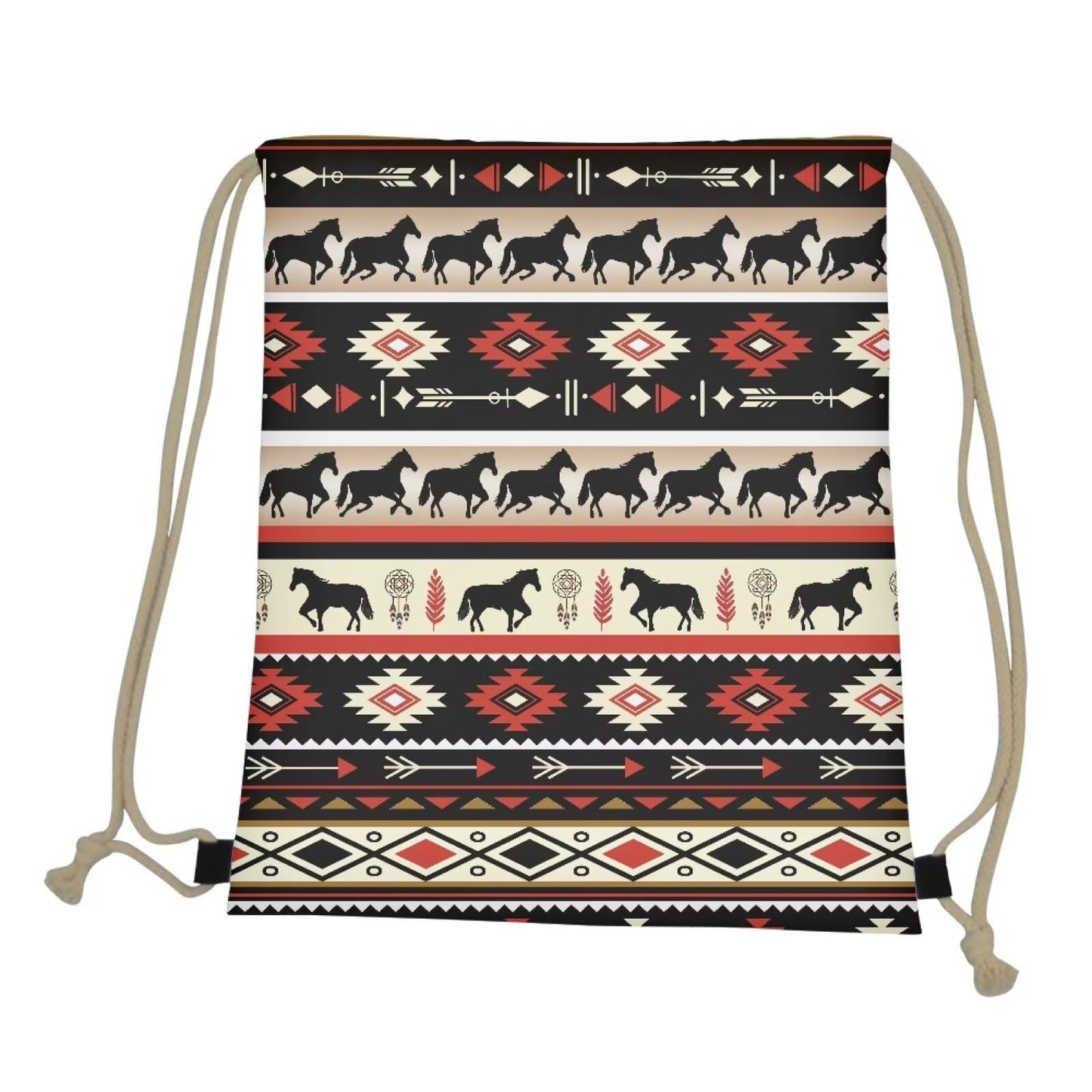 COEQINE Aztec Horse Small Drawstring Backpack For Girls Western Ethnic Gym Backpack for Women Sport Lightweight Foldable
