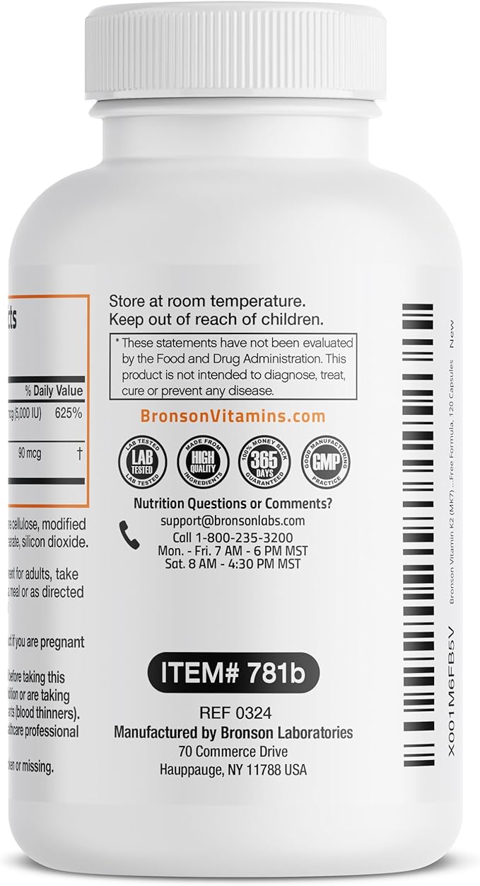 Bronson Vitamin K2 (MK7) with D3 Supplement Non-GMO Formula 5000 IU Vitamin D3 & 90 mcg K2 MK-7 Easy to Swallow D & K Complex, 120 Capsules