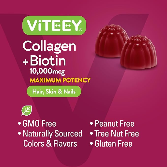 Collagen and Biotin Gummies for Hair Skin and Nails - Hair Growth Vitamins, Nail Growth, Skin Vitamins - Biotin and Collagen Gummies for Women, Men, & Teens - Tasty Chewable Raspberry Flavored Gummy