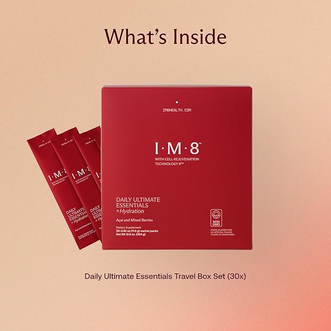 Daily Ultimate Essentials All-in-One Multivitamin Supplement, 92 Nutrient Rich Ingredients CoQ10, Probiotics, Vitamins, Greens, Gluten Free, Vegan, Acai Mixed Berry (30 Servings, Travel Packs)