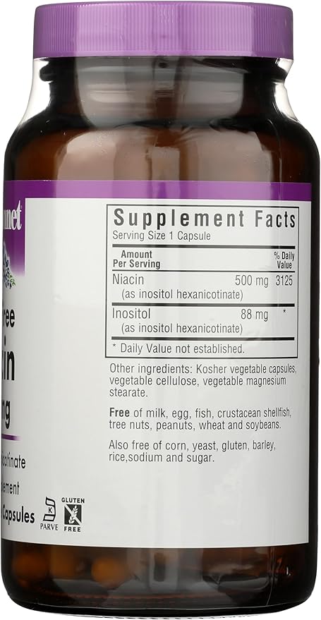BlueBonnet Nutrition Flush-Free Niacin 500mg, for Nutritional Cardiovascular Support Vegetable Capsules, Soy/Dairy/Gluten Free, Non-GMO, Kosher Certified, Vegan, White, 120 Count
